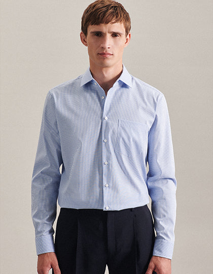 Men´s Shirt Regular Fit Check/Stripes Long Sleeve-Hellblau-Weiß kariert