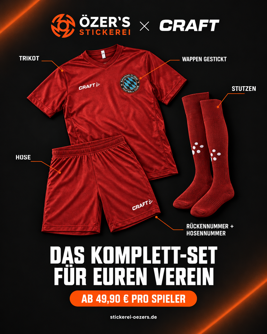 Komplett-Trikotsatz: Trikot, Hose und Stutzen mit gesticktem Wappen