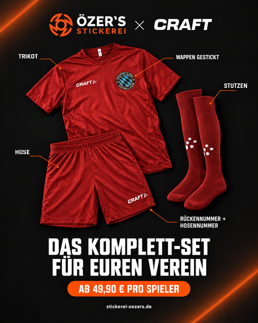 Komplett-Trikotsatz: Trikot, Hose und Stutzen mit gesticktem Wappen