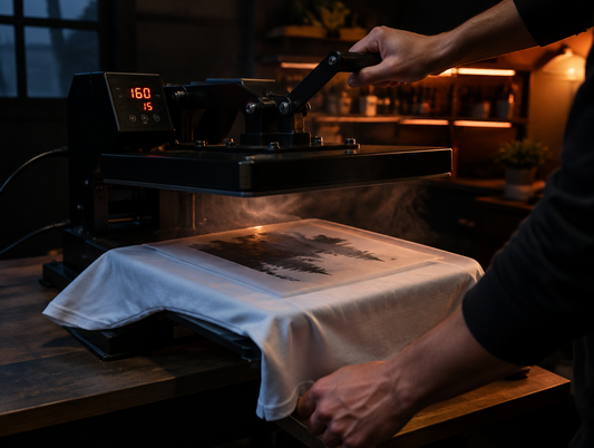DTF-Transfer wird mit einer Transferpresse auf ein Textil gepresst