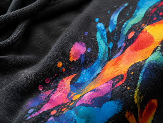 Vergleich Stickerei und DTF-Druck auf Textil – Detailaufnahme