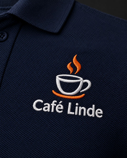 Gesticktes Logo auf marineblauem Poloshirt – Nahaufnahme